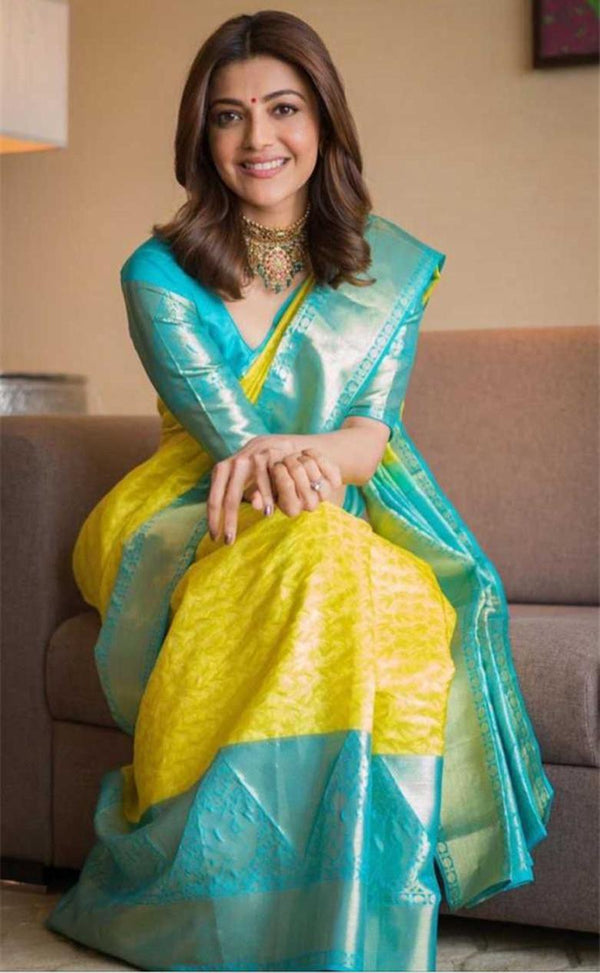 NOZ2TOZ Jacquard Lichi Silk Yellow Saree With Unstitched Blouse Piece - Distacart