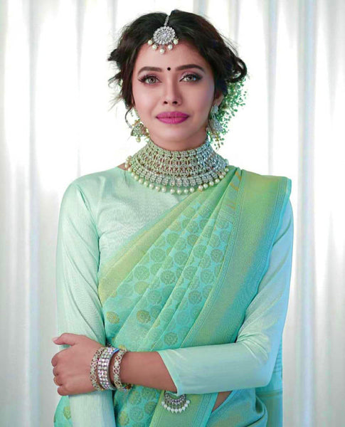 NOZ2TOZ Jacquard Lichi Silk Pista Saree With Unstitched Blouse Piece - Distacart