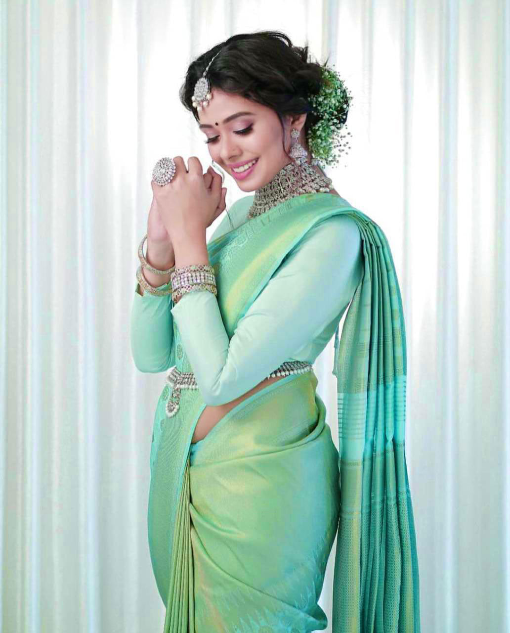 NOZ2TOZ Jacquard Lichi Silk Pista Saree With Unstitched Blouse Piece - Distacart