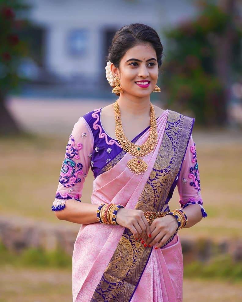 Malishka Jacquard Lichi Silk Pink Saree With Unstitched Blouse Piece - Distacart