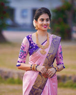 Thumbnail for Malishka Jacquard Lichi Silk Pink Saree With Unstitched Blouse Piece - Distacart