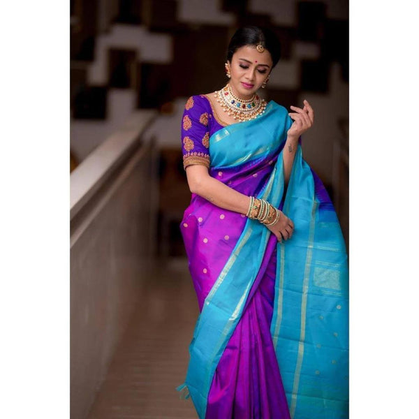 Malishka Jacquard Lichi Silk Purple Saree With Unstitched Blouse Piece - Distacart