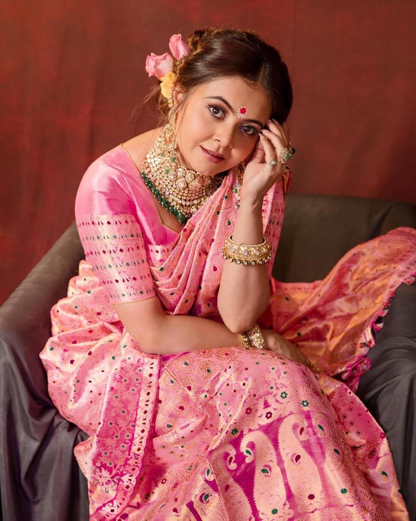 Malishka Jacquard Lichi Silk Pink Saree With Unstitched Blouse Piece - Distacart