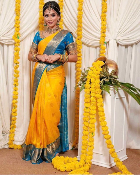 NOZ2TOZ Jacquard Lichi Silk Yellow Saree With Unstitched Blouse Piece - Distacart
