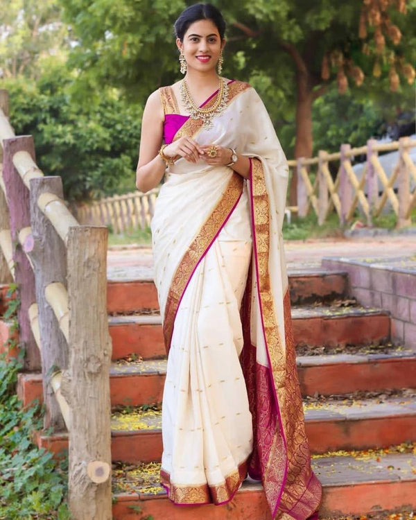 NOZ2TOZ Jacquard Lichi Silk White Saree With Unstitched Blouse Piece - Distacart