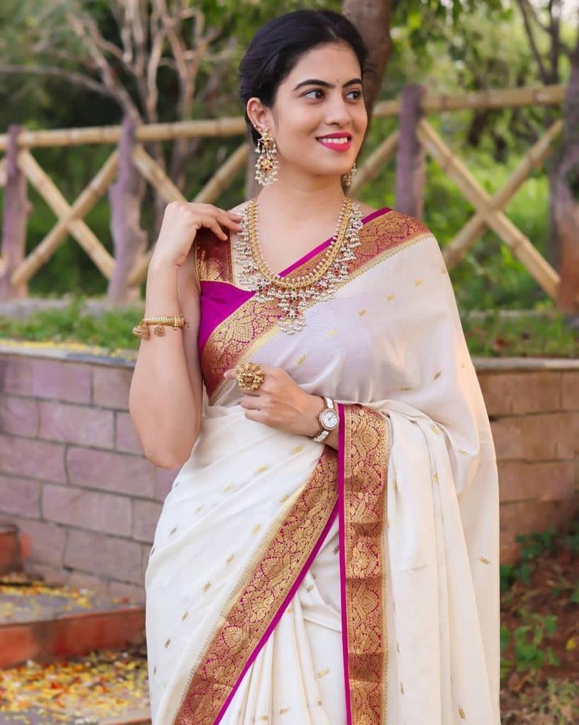 NOZ2TOZ Jacquard Lichi Silk White Saree With Unstitched Blouse Piece - Distacart