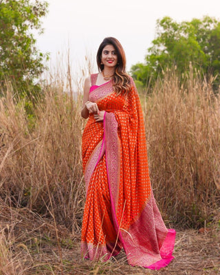 Malishka Jacquard Lichi Silk Orange Saree With Unstitched Blouse Piece - Distacart