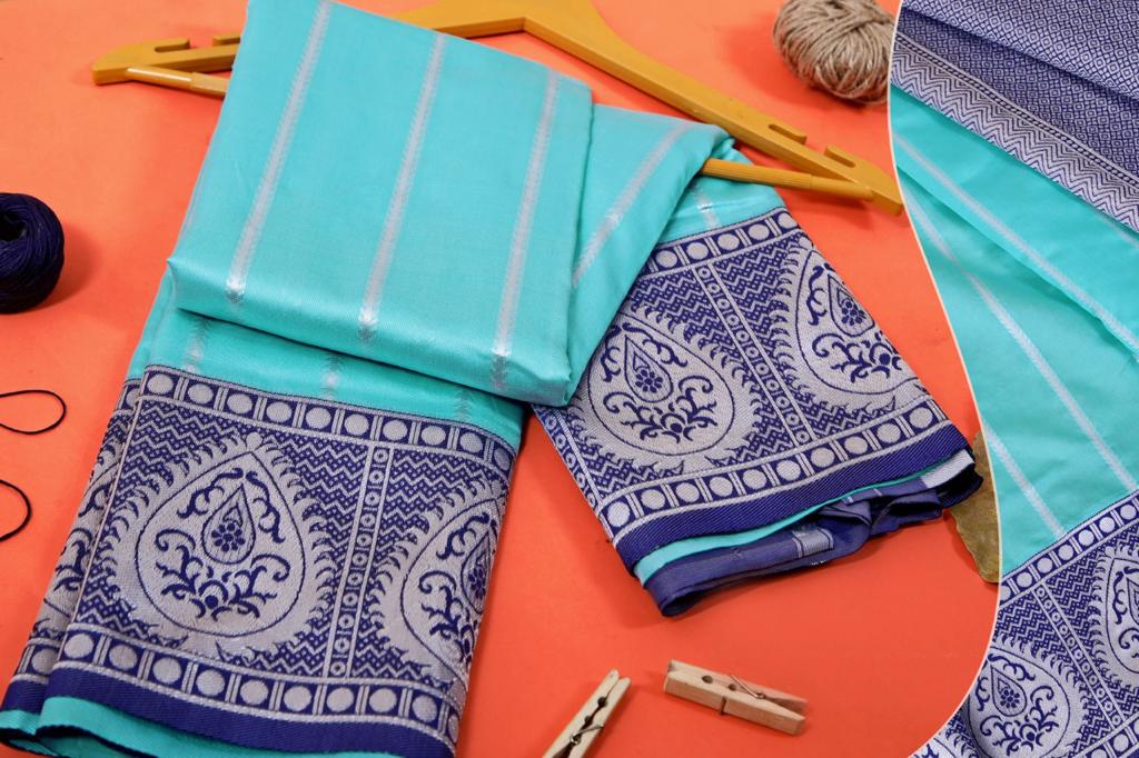NOZ2TOZ Jacquard Lichi Silk Sky Blue Saree With Unstitched Blouse Piece - Distacart