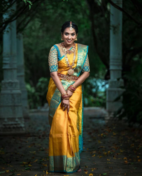 NOZ2TOZ Jacquard Lichi Silk Yellow Saree With Unstitched Blouse Piece - Distacart