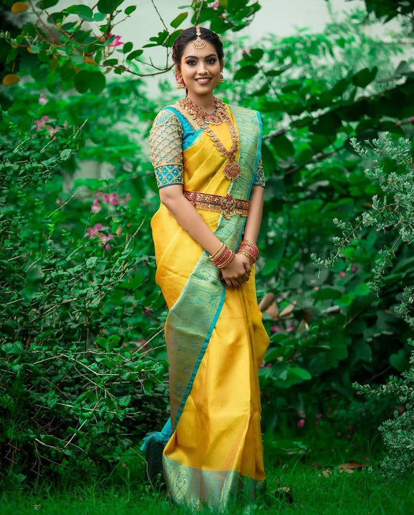 NOZ2TOZ Jacquard Lichi Silk Yellow Saree With Unstitched Blouse Piece - Distacart