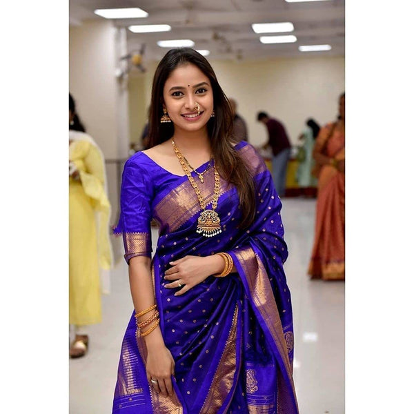 Malishka Jacquard Lichi Silk Blue Saree With Unstitched Blouse Piece