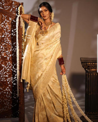 Malishka Jacquard Lichi Silk Cream Saree With Unstitched Blouse Piece - Distacart