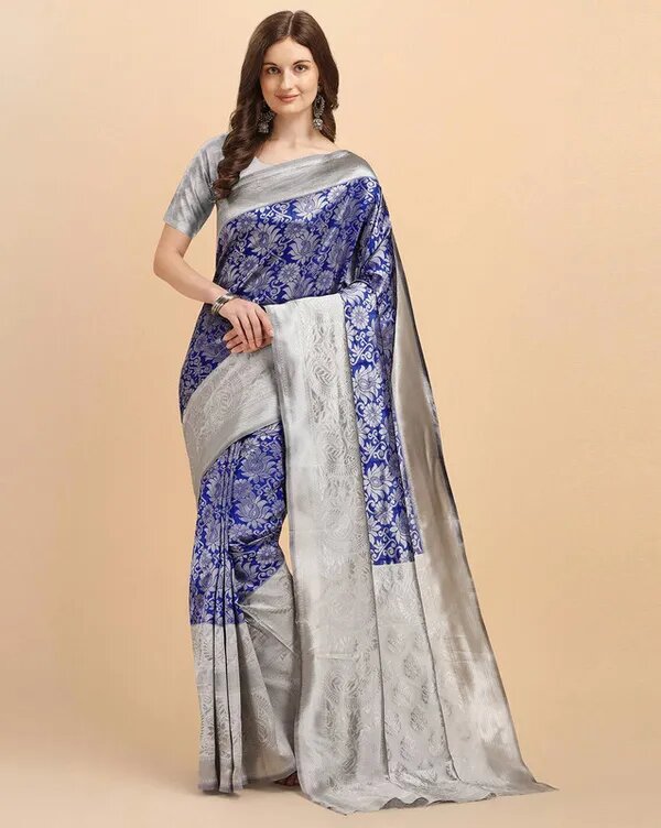 NOZ2TOZ Jacquard Lichi Silk Blue Saree With Unstitched Blouse Piece - Distacart
