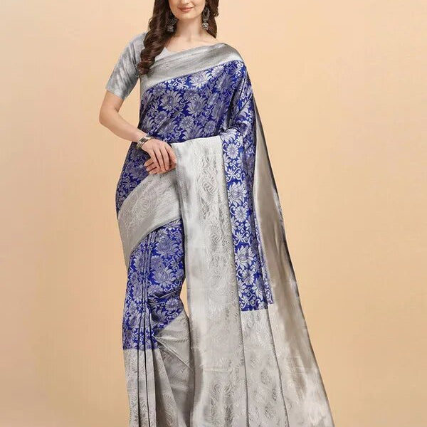 NOZ2TOZ Jacquard Lichi Silk Blue Saree With Unstitched Blouse Piece - Distacart