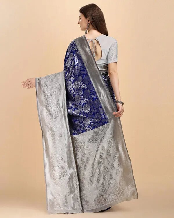 NOZ2TOZ Jacquard Lichi Silk Blue Saree With Unstitched Blouse Piece - Distacart