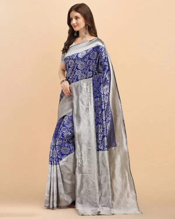 NOZ2TOZ Jacquard Lichi Silk Blue Saree With Unstitched Blouse Piece - Distacart