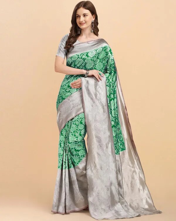 NOZ2TOZ Jacquard Lichi Silk Green Saree With Unstitched Blouse Piece - Distacart