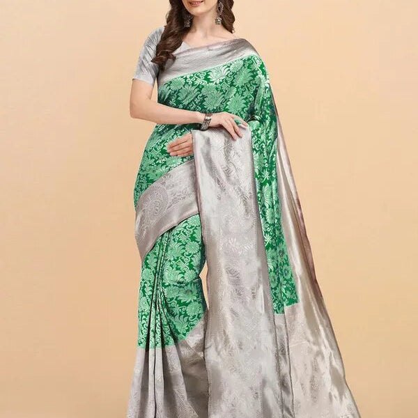 NOZ2TOZ Jacquard Lichi Silk Green Saree With Unstitched Blouse Piece - Distacart