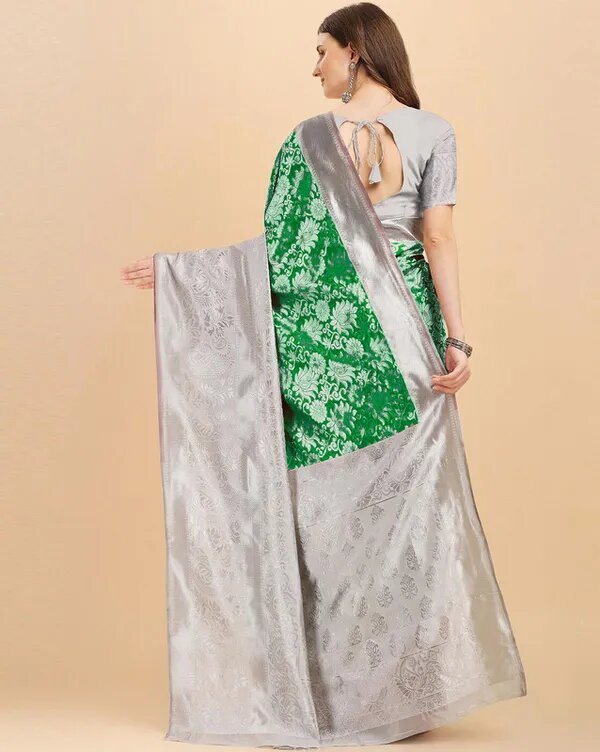 NOZ2TOZ Jacquard Lichi Silk Green Saree With Unstitched Blouse Piece - Distacart