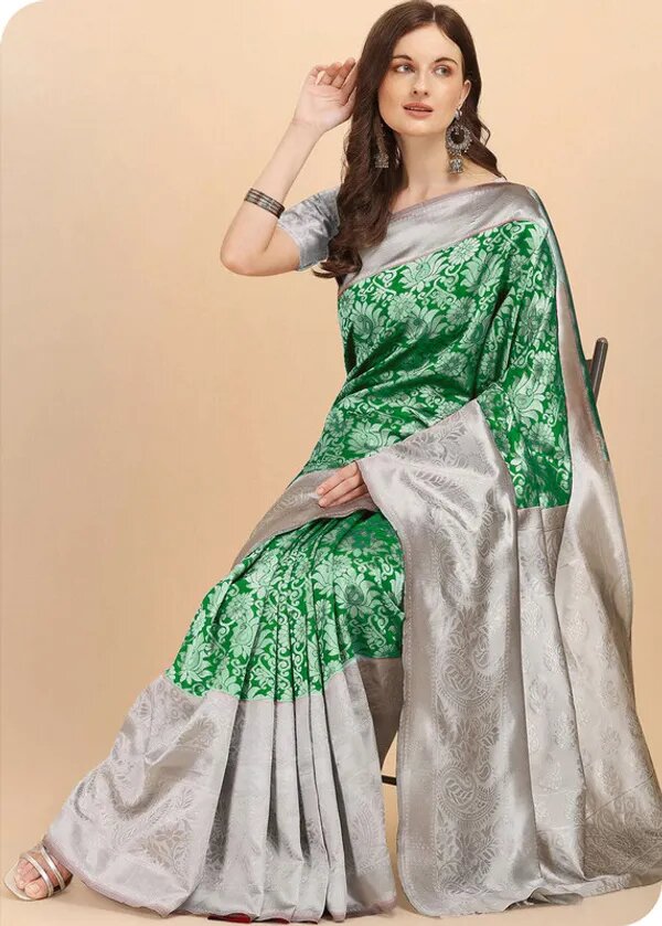 NOZ2TOZ Jacquard Lichi Silk Green Saree With Unstitched Blouse Piece - Distacart