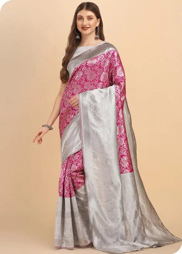 NOZ2TOZ Jacquard Lichi Silk Pink Saree With Unstitched Blouse Piece - Distacart