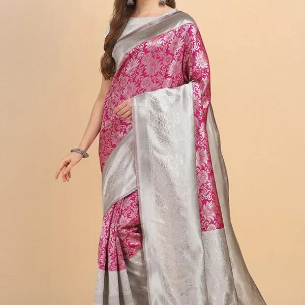 NOZ2TOZ Jacquard Lichi Silk Pink Saree With Unstitched Blouse Piece - Distacart