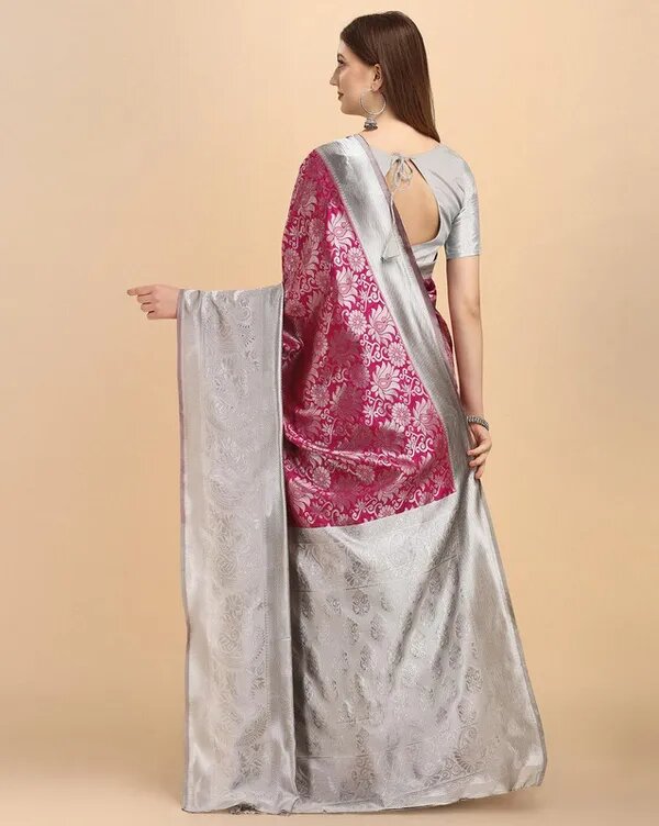 NOZ2TOZ Jacquard Lichi Silk Pink Saree With Unstitched Blouse Piece - Distacart