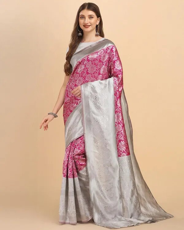 NOZ2TOZ Jacquard Lichi Silk Pink Saree With Unstitched Blouse Piece - Distacart