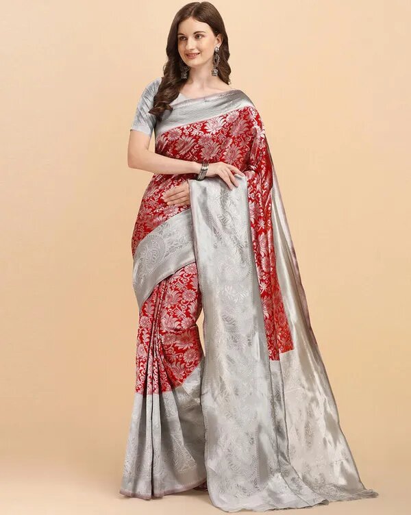 NOZ2TOZ Jacquard Lichi Silk Red Saree With Unstitched Blouse Piece - Distacart