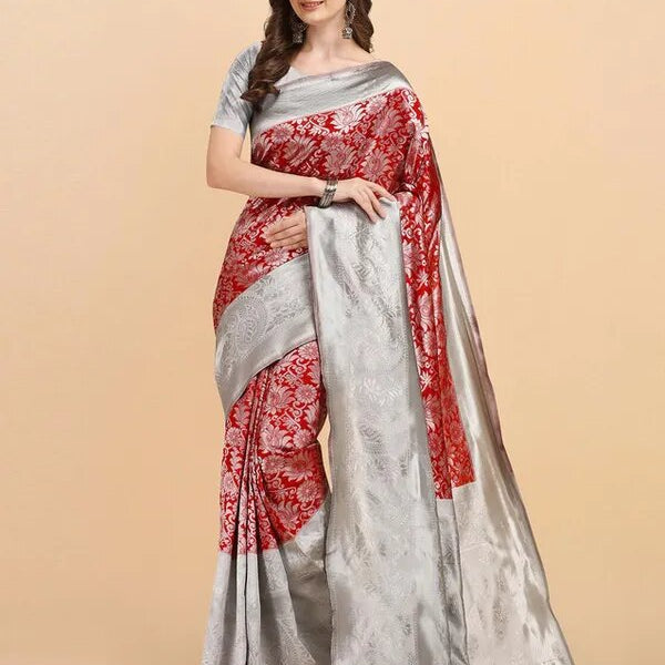 NOZ2TOZ Jacquard Lichi Silk Red Saree With Unstitched Blouse Piece - Distacart