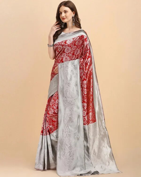 NOZ2TOZ Jacquard Lichi Silk Red Saree With Unstitched Blouse Piece - Distacart