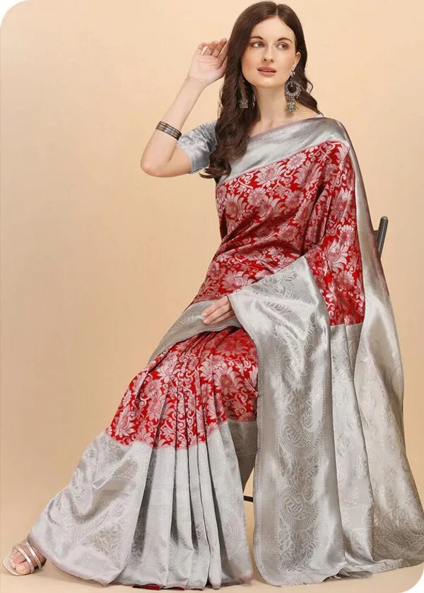 NOZ2TOZ Jacquard Lichi Silk Red Saree With Unstitched Blouse Piece - Distacart