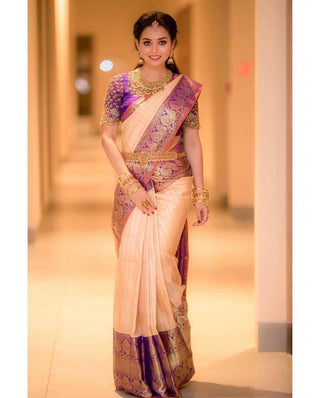 Malishka Jacquard Lichi Silk Peach Saree With Unstitched Blouse Piece - Distacart