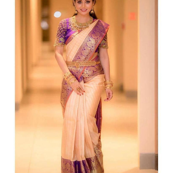 NOZ2TOZ Jacquard Lichi Silk Peach Saree With Unstitched Blouse Piece - Distacart