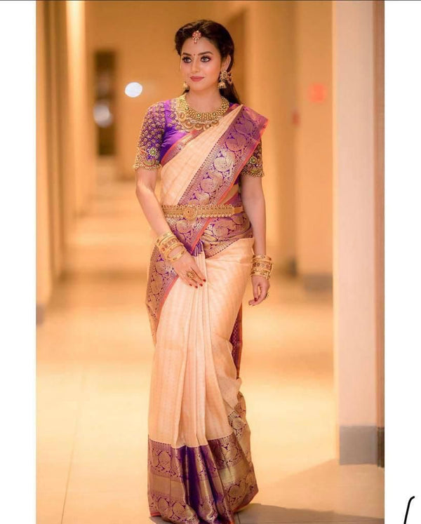 NOZ2TOZ Jacquard Lichi Silk Peach Saree With Unstitched Blouse Piece - Distacart