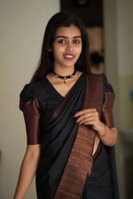 Thumbnail for Malishka Jacquard Lichi Silk Black Saree With Unstitched Blouse Piece - Distacart