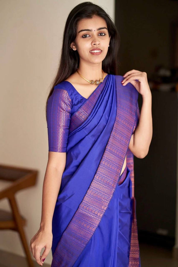 Malishka Jacquard Lichi Silk Blue Saree With Unstitched Blouse Piece - Distacart