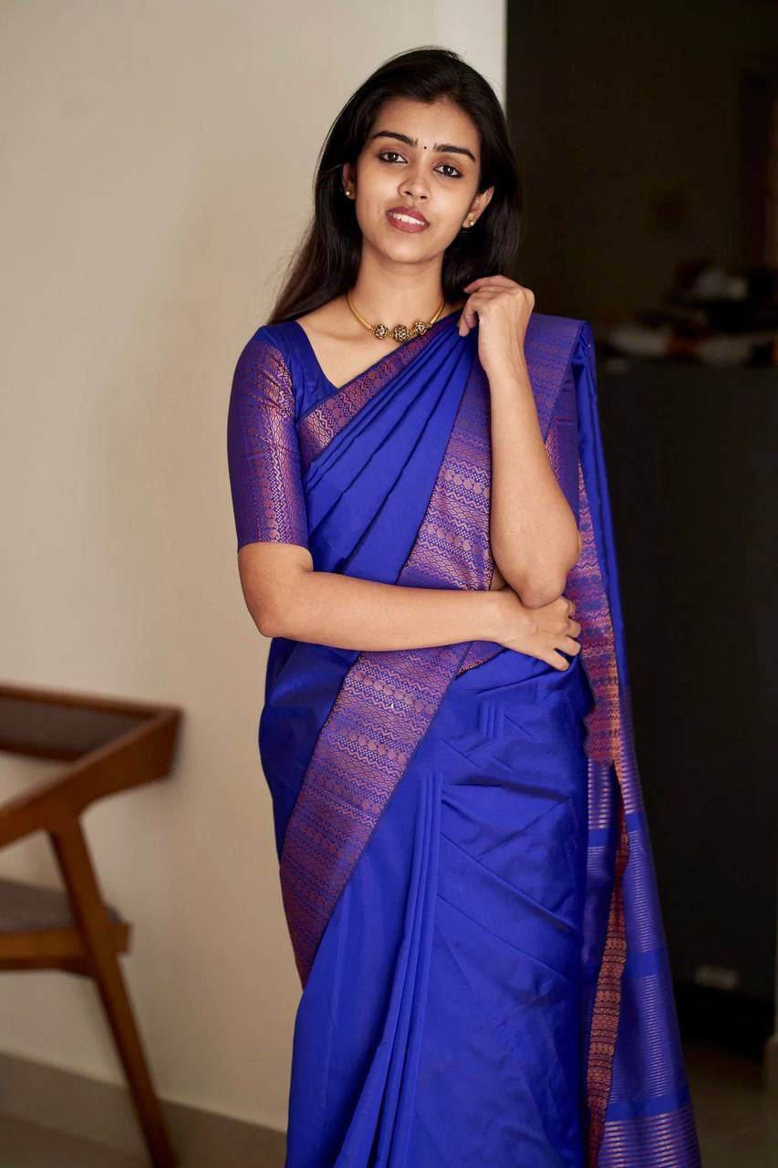 Malishka Jacquard Lichi Silk Blue Saree With Unstitched Blouse Piece - Distacart