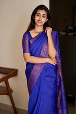 Thumbnail for Malishka Jacquard Lichi Silk Blue Saree With Unstitched Blouse Piece - Distacart
