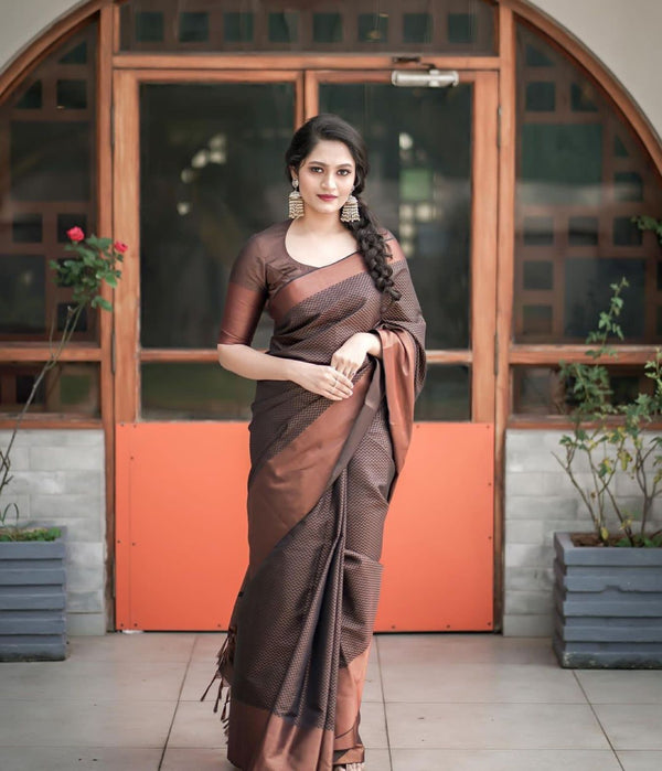 Malishka Jacquard Lichi Silk Brown Saree With Unstitched Blouse Piece - Distacart