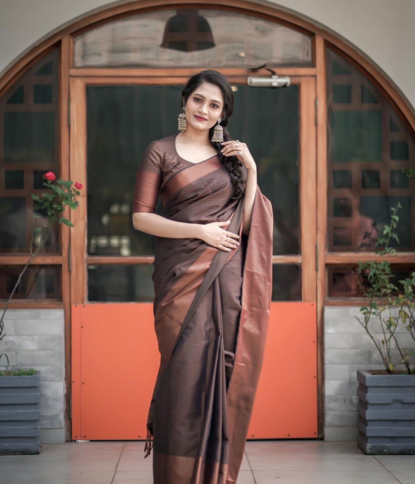 Malishka Jacquard Lichi Silk Brown Saree With Unstitched Blouse Piece - Distacart