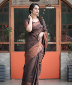 Thumbnail for Malishka Jacquard Lichi Silk Brown Saree With Unstitched Blouse Piece - Distacart