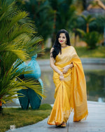 Thumbnail for Malishka Jacquard Lichi Silk Yellow Saree With Unstitched Blouse Piece