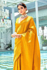 Thumbnail for Malishka Jacquard Lichi Silk Yellow Saree With Unstitched Blouse Piece