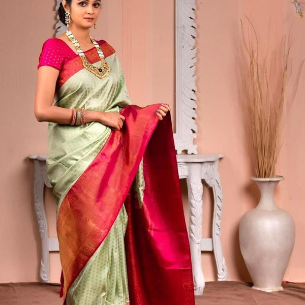 NOZ2TOZ Jacquard Lichi Silk Pista Saree With Unstitched Blouse Piece - Distacart