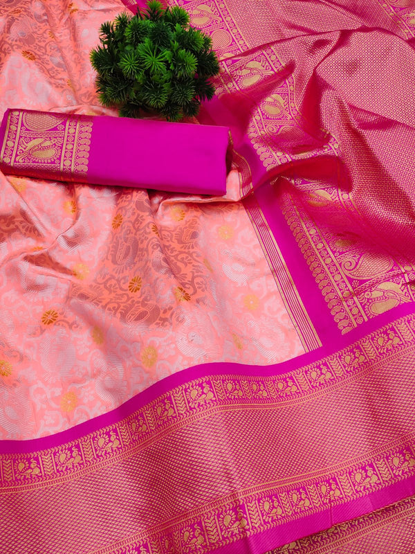 NOZ2TOZ Jacquard Lichi Silk Pink Saree With Unstitched Blouse Piece - Distacart