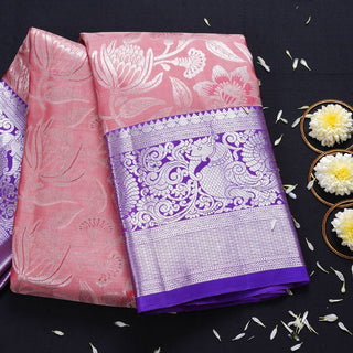 NOZ2TOZ Jacquard Lichi Silk Pink Saree With Unstitched Blouse Piece - Distacart