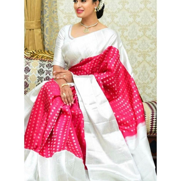 NOZ2TOZ Jacquard Lichi Silk Pink Saree With Unstitched Blouse Piece - Distacart