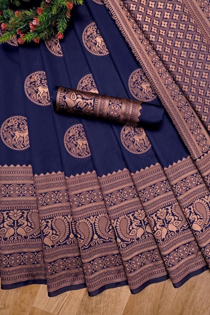 NOZ2TOZ Jacquard Lichi Silk Navy Blue Saree With Unstitched Blouse Piece - Distacart