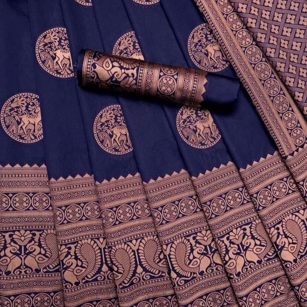NOZ2TOZ Jacquard Lichi Silk Navy Blue Saree With Unstitched Blouse Piece - Distacart
